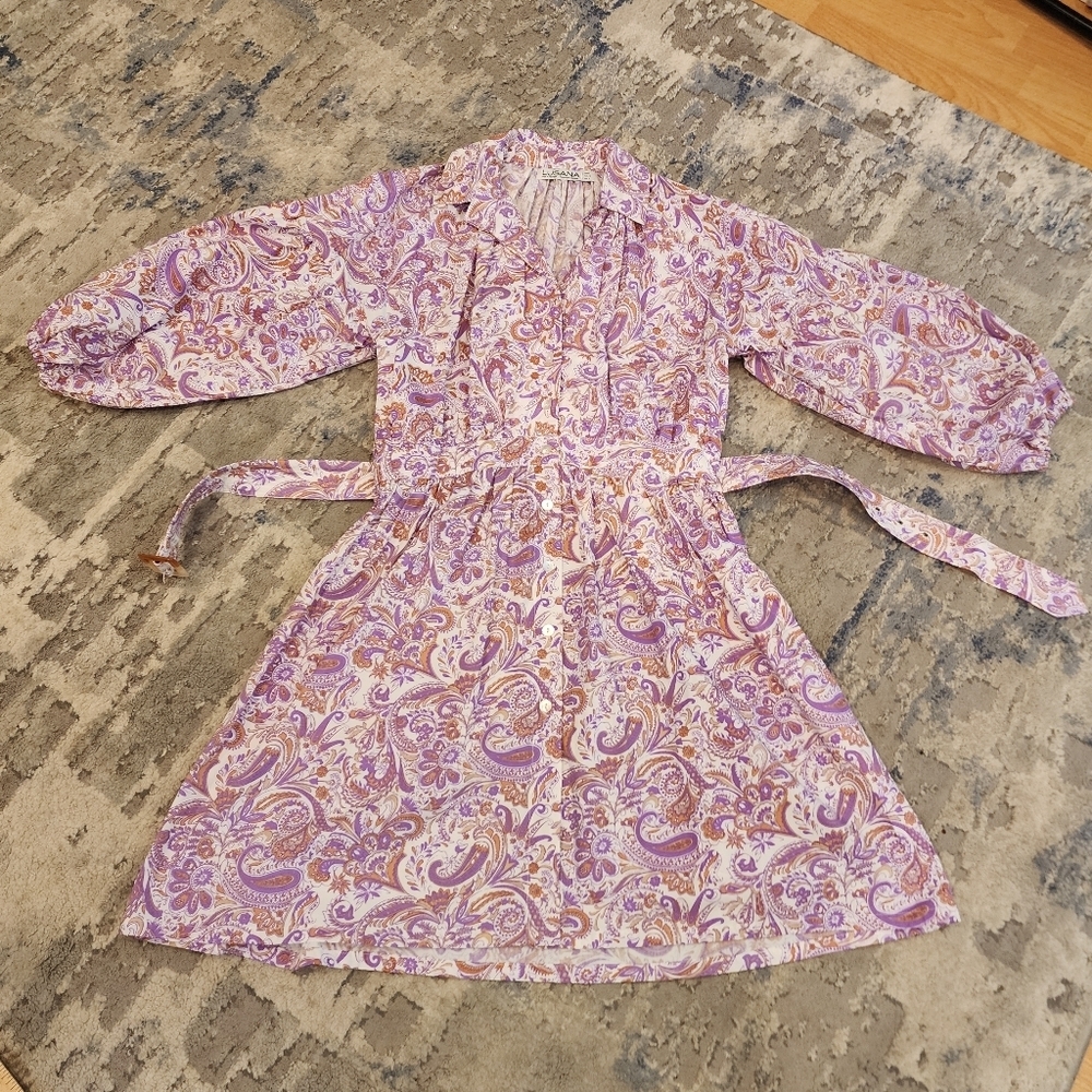 Lusana Puff Sleeve Button Front Belted Purple Paisley Dress Cotton Womens Size 8